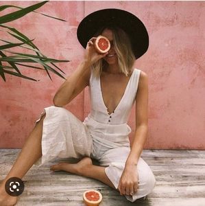 P Polly Linen Wide Leg Sleeveless Jumpsuit